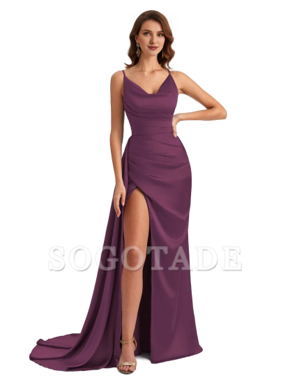 Sexy fishtail side slit hanging neck V-neck soft satin ultra long bridesmaid dress