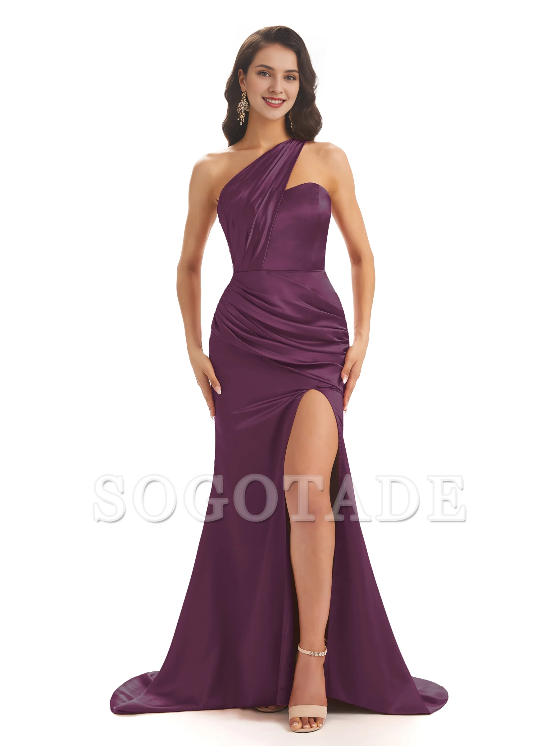 Sexy soft satin side slit one shoulder long fish tail bridesmaid dress