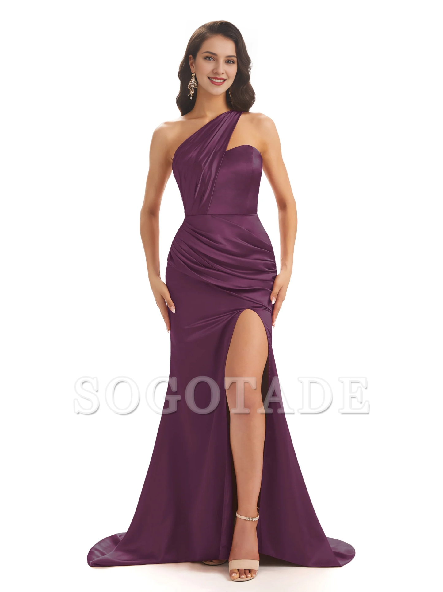 Sexy soft satin side slit one shoulder long fish tail bridesmaid dress