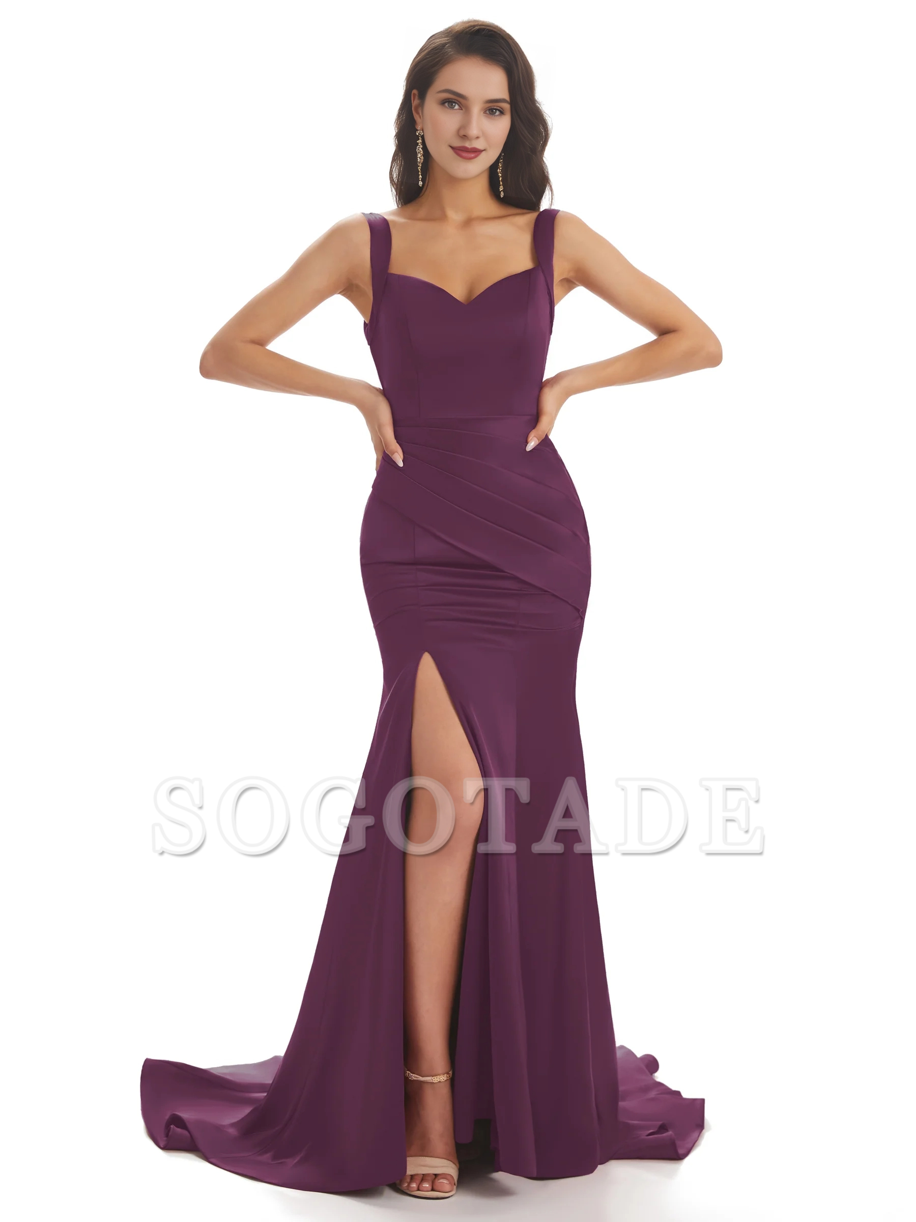 Sexy and soft satin side slit shoulder strap square and floor length fishtail bridesmaid dress