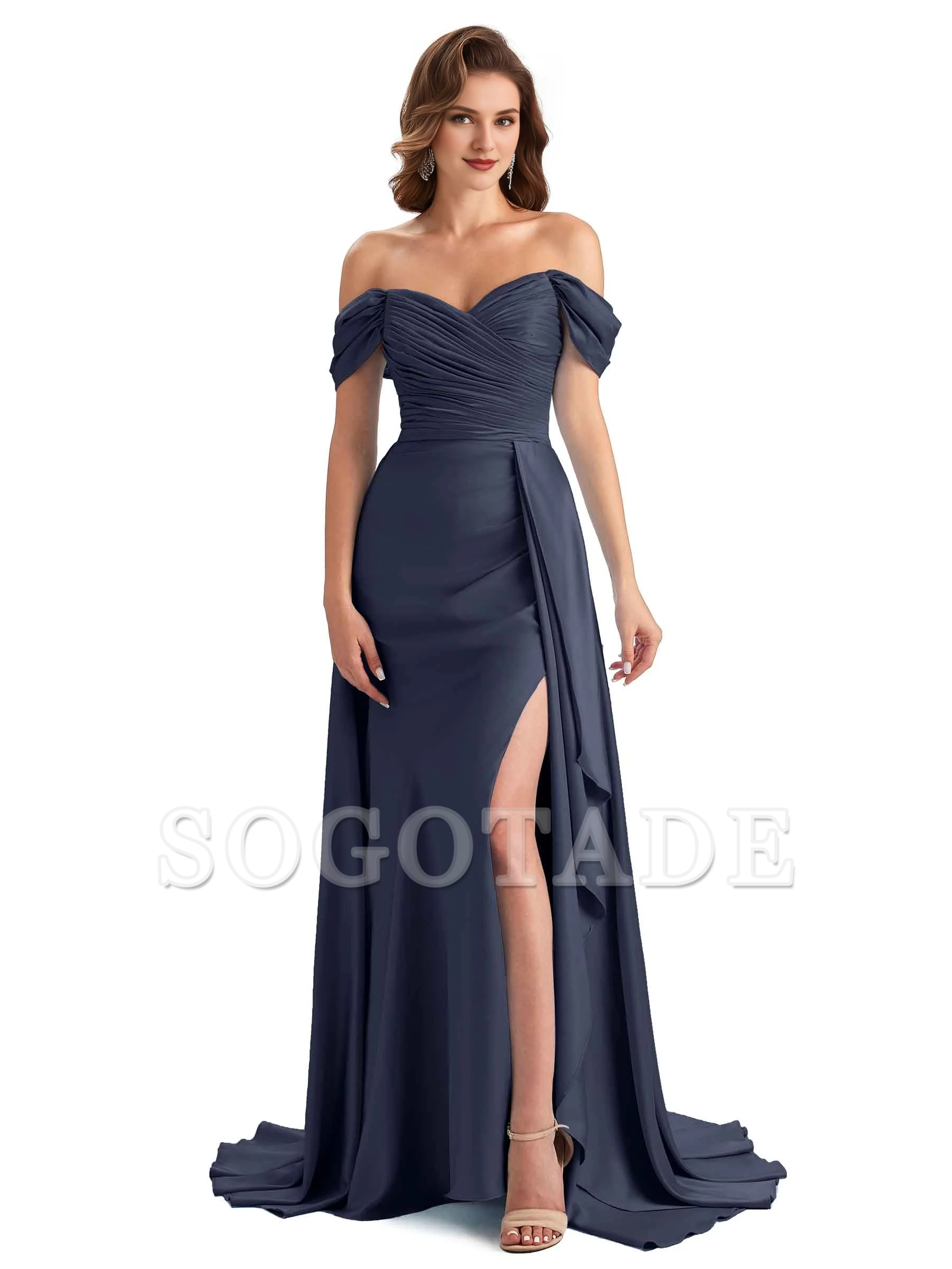 Sexy side slit mermaid soft satin off shoulder long unique bridesmaid dress