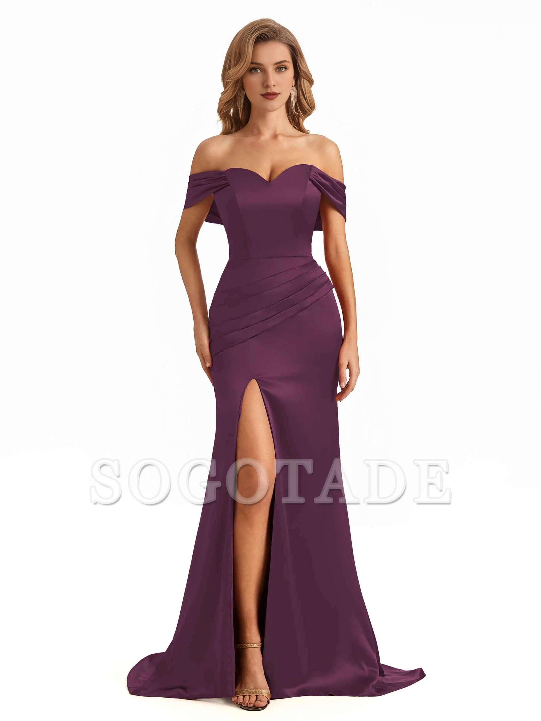 Sexy side slit mermaid off shoulder V-neck extra long soft satin bridesmaid dress