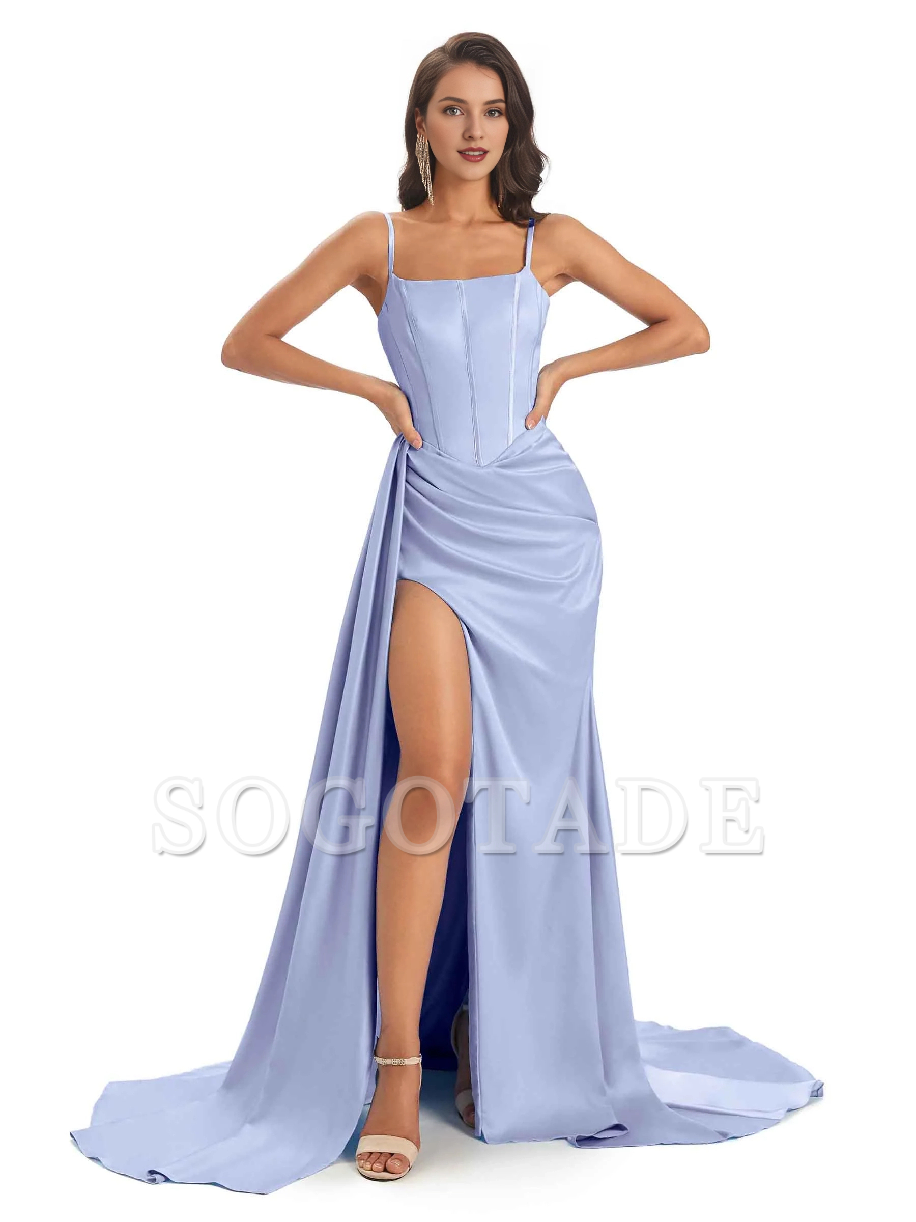 Sexy and soft satin side slit thin shoulder strap long mermaid unique bridesmaid dress