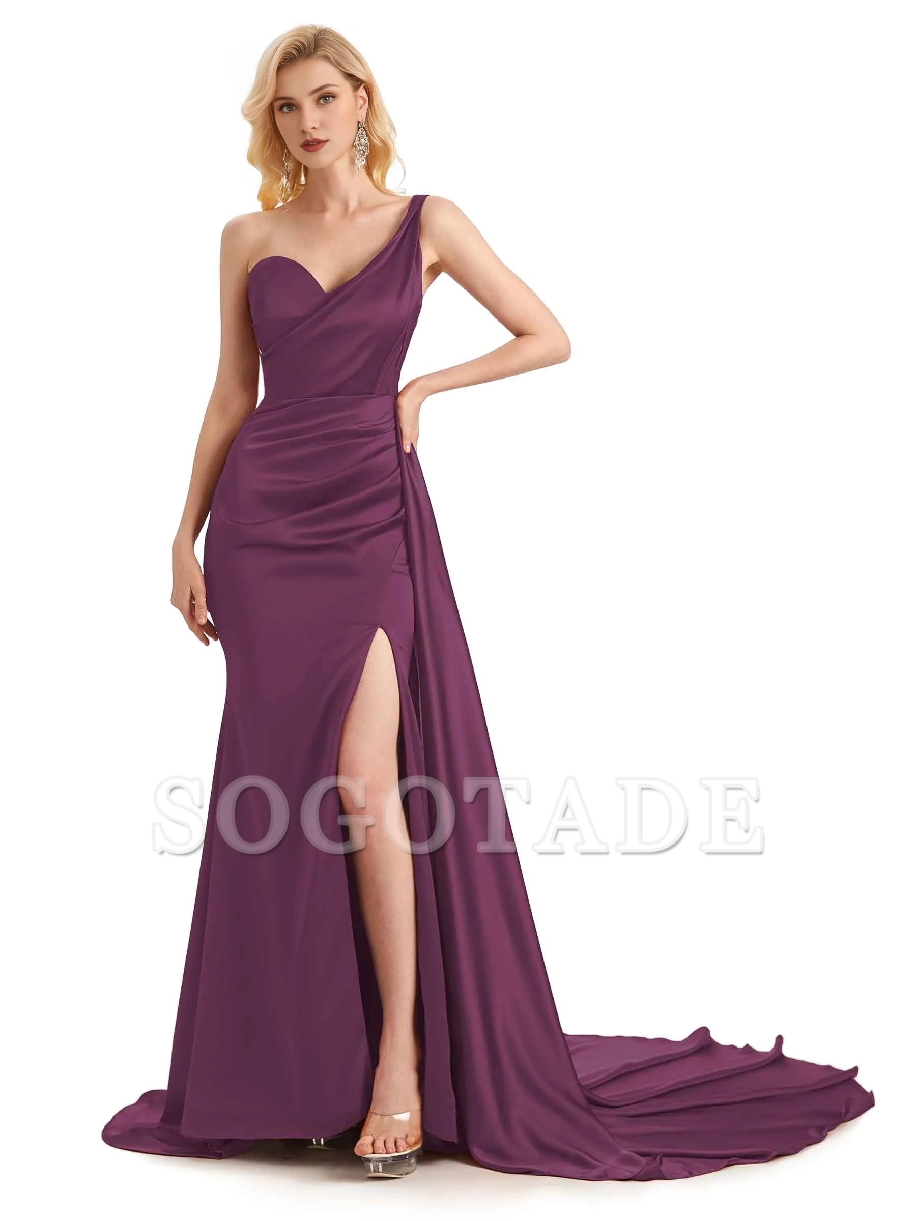 Sexy side slit shoulder long soft satin unique mermaid bridesmaid dress