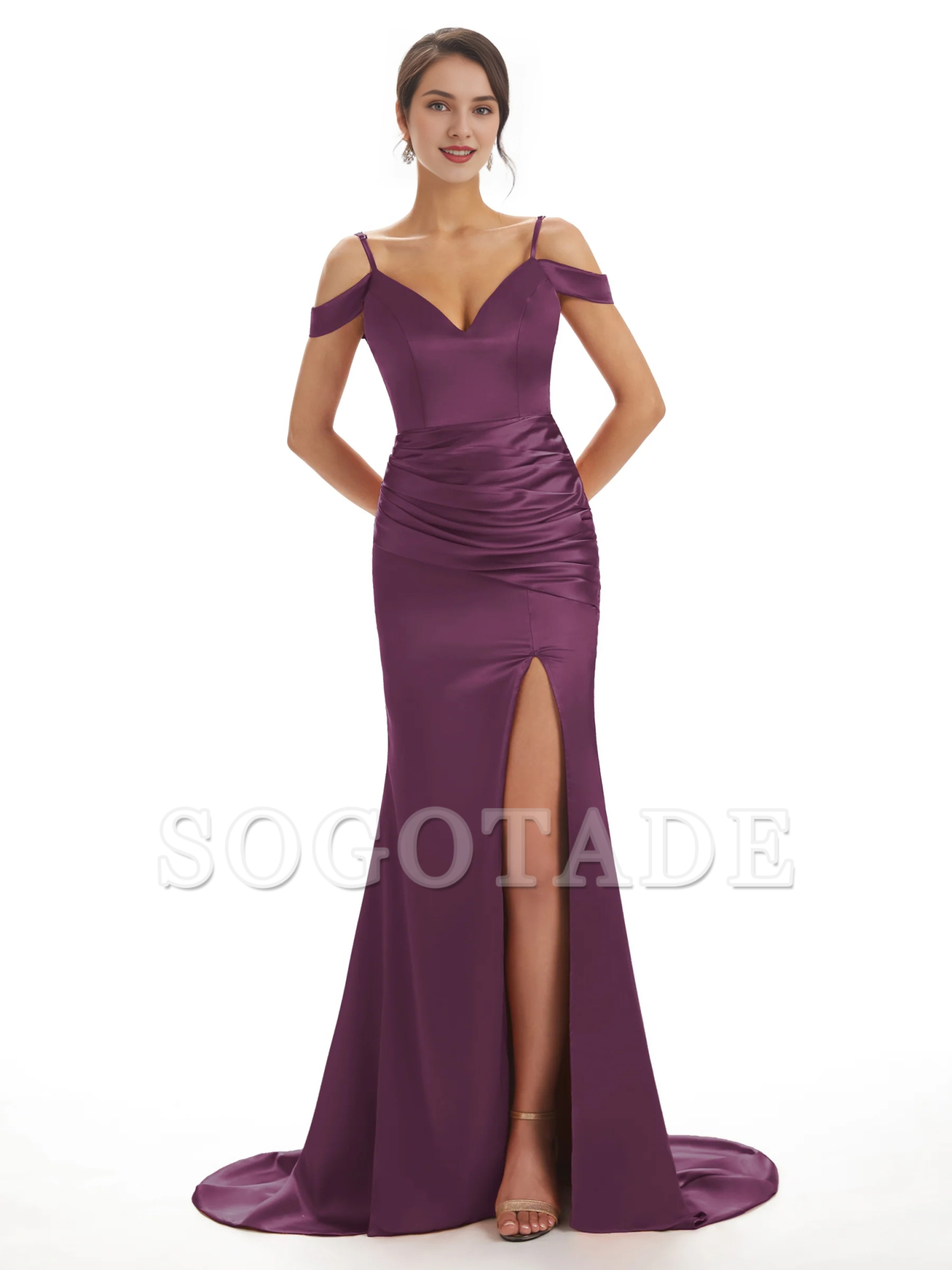 Sexy off shoulder soft satin side slit long fish tail bridesmaid dress