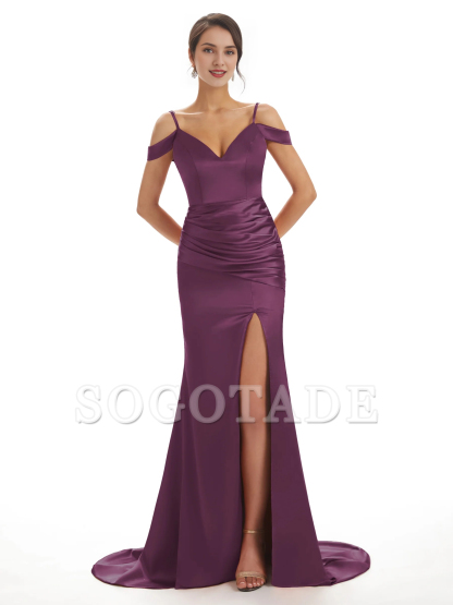 Sexy off shoulder soft satin side slit long fish tail bridesmaid dress