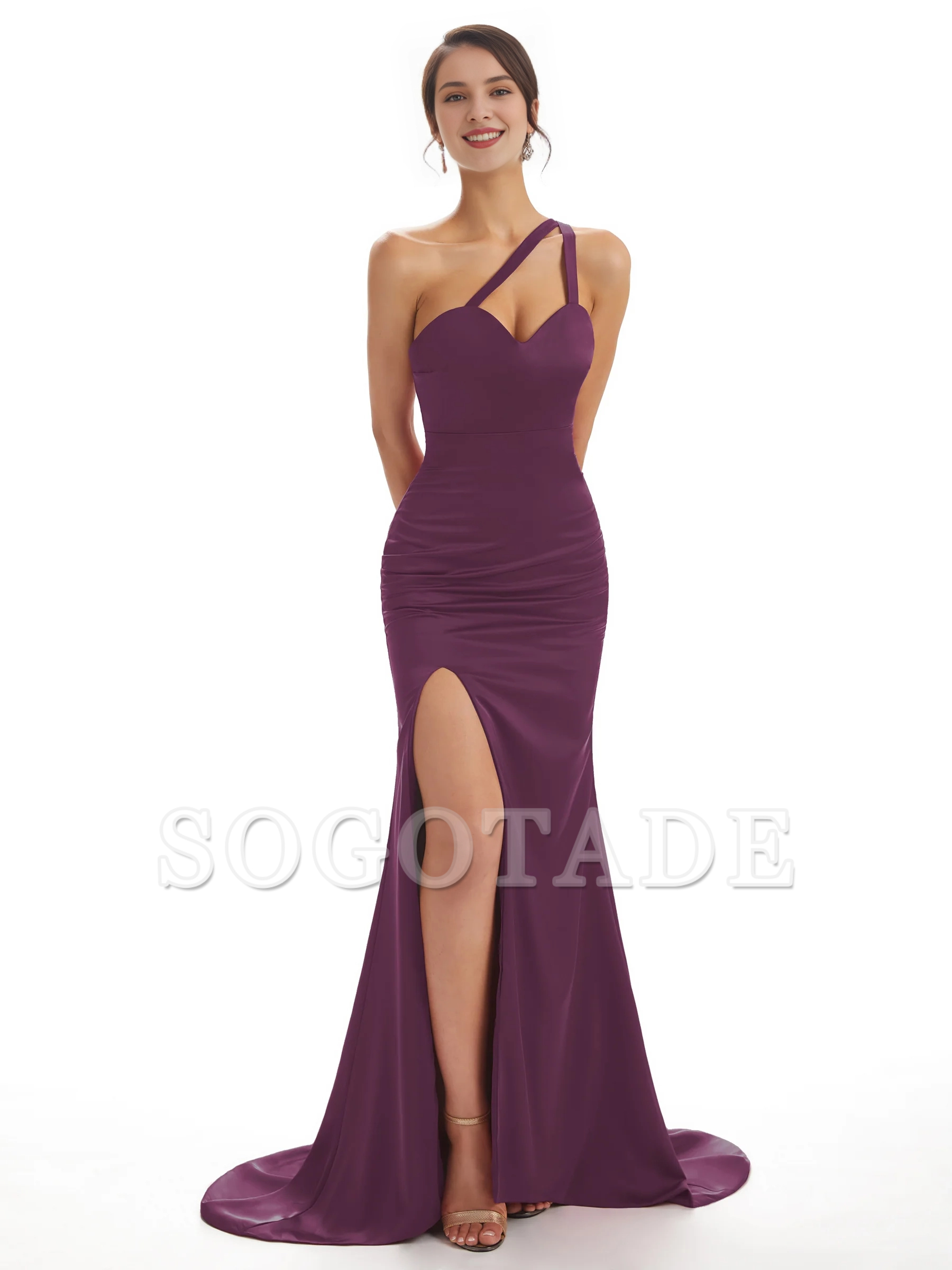 Sexy shoulder soft satin side slit fish tail long bridesmaid dress