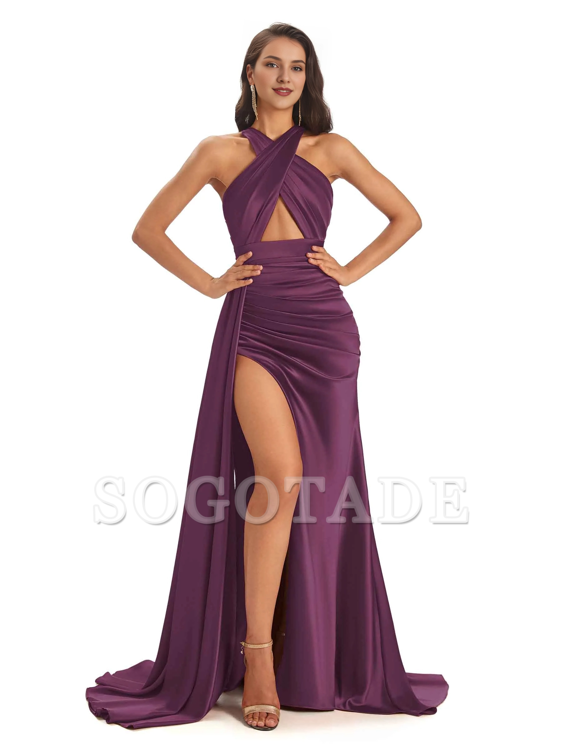 Sexy and soft satin hanging neck side slit and floor length fish tail bridesmaid dress