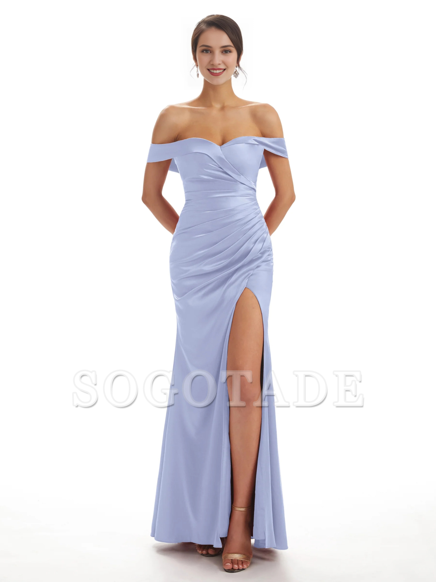 Sexy side slit shoulder fishtail soft satin bridesmaid dress