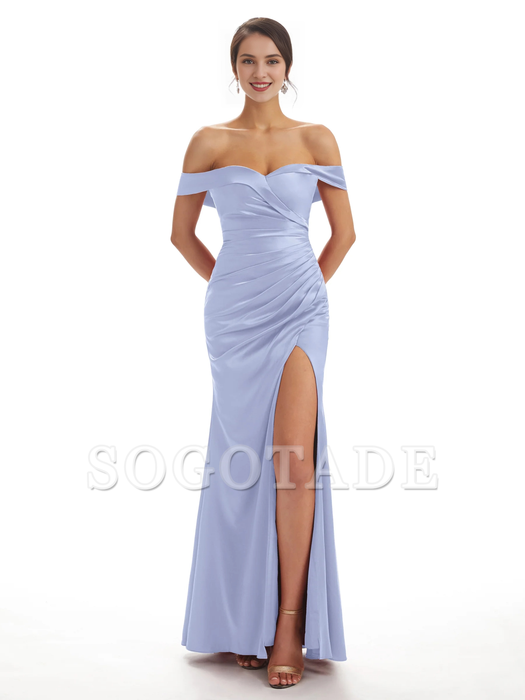 Sexy side slit shoulder fishtail soft satin bridesmaid dress