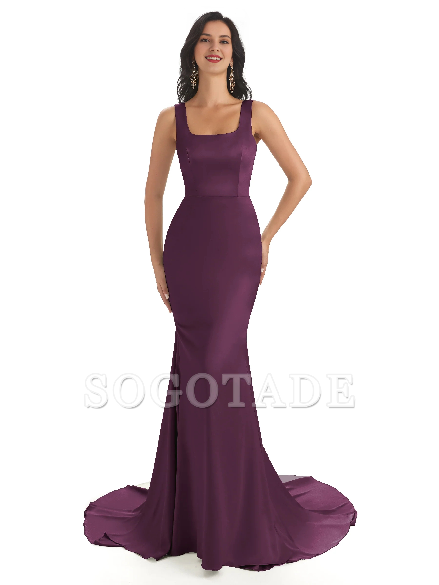 Soft satin unique square neck extra long fish tail bridesmaid dress