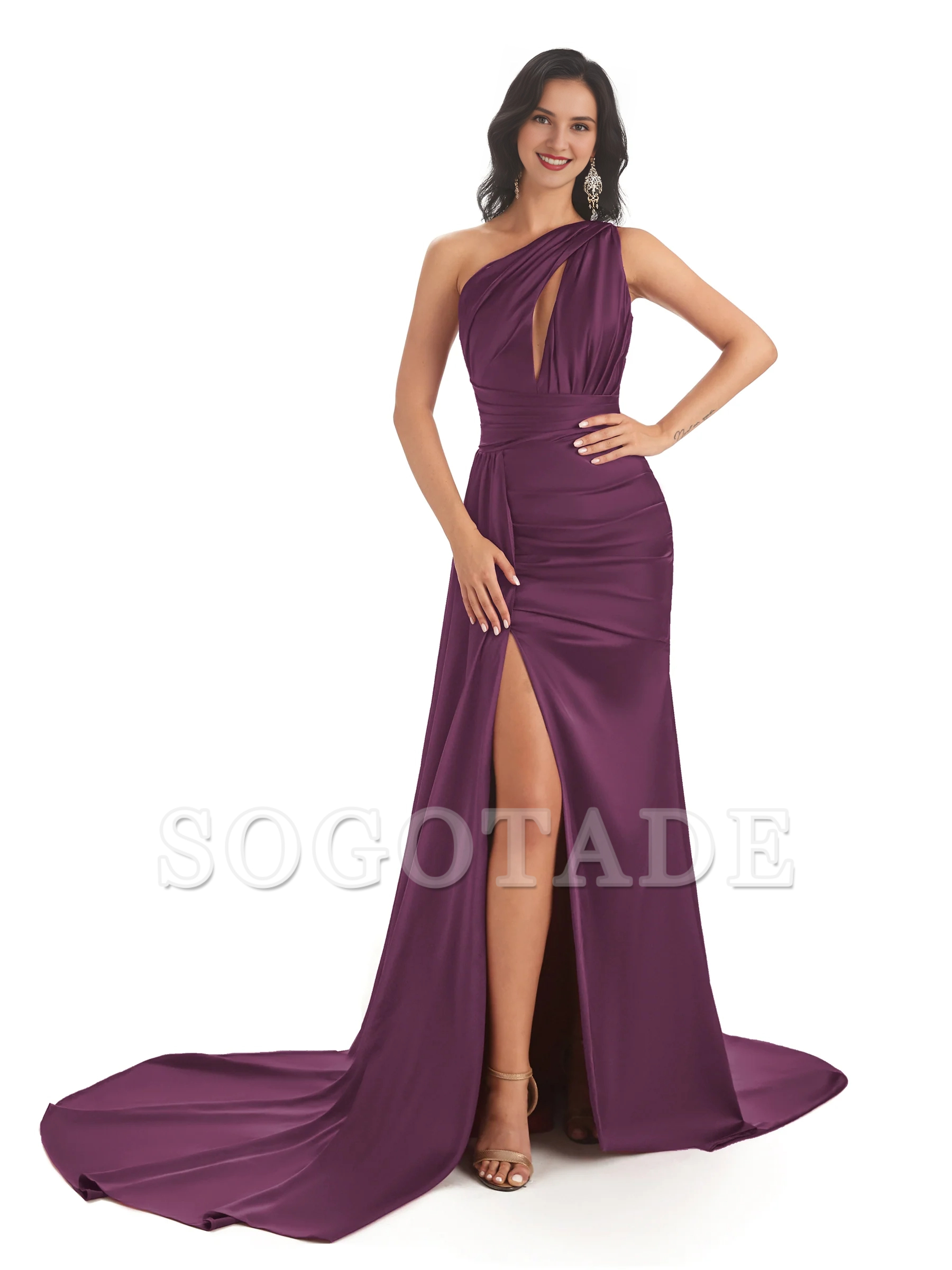 Sexy and soft satin side slit one shoulder fish tail long wedding bridesmaid dress