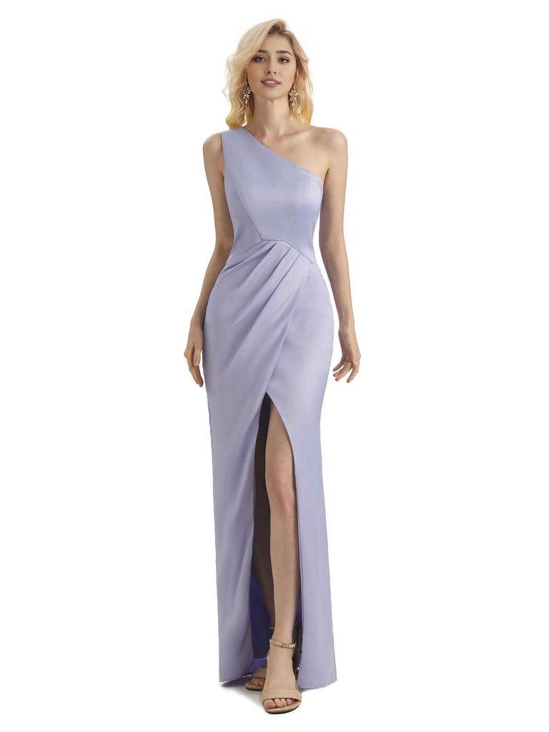 Sexy Soft Satin Split One Shoulder Long Mermaid Wedding Guest Dresses 