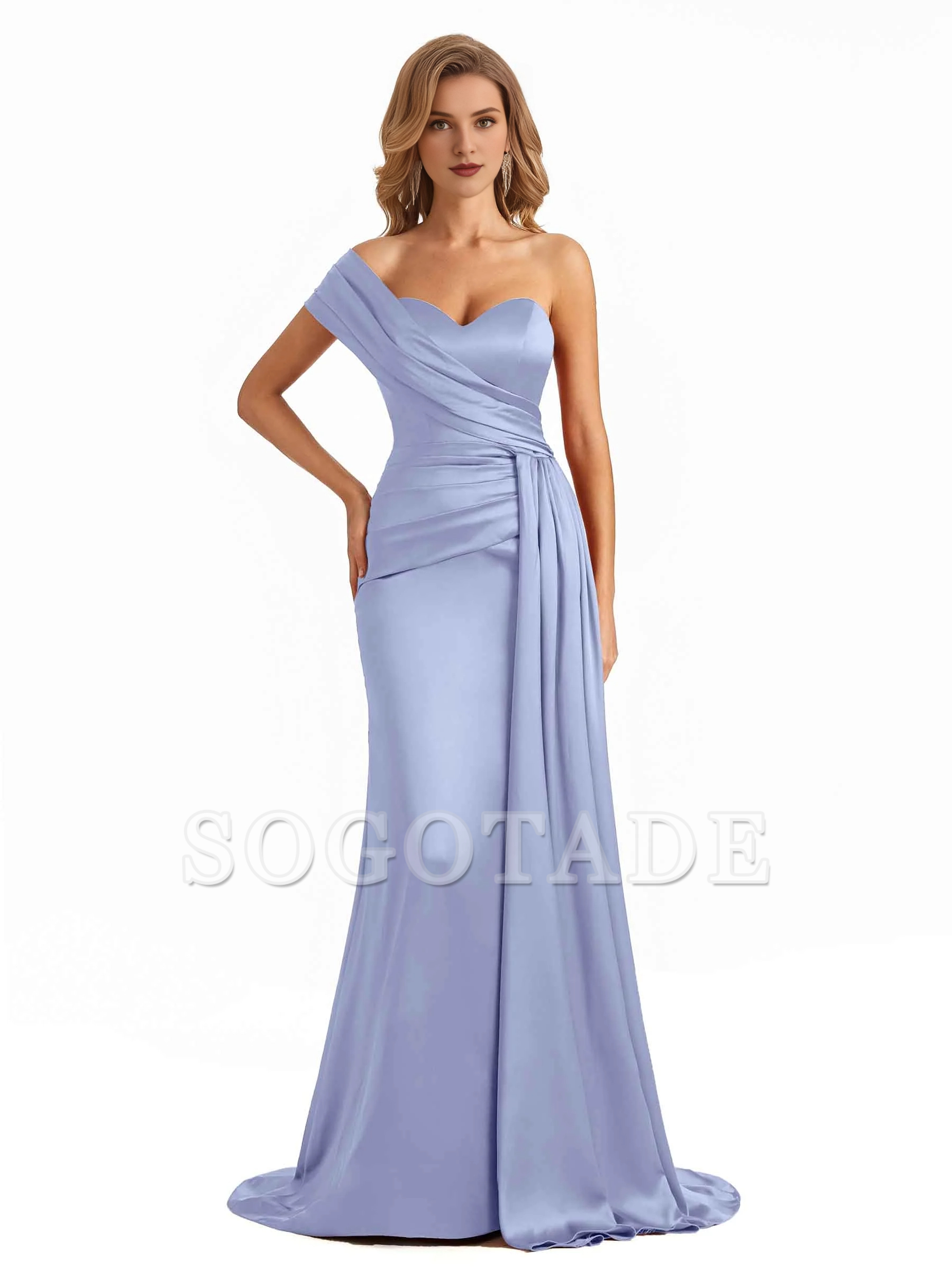 Elegant one shoulder soft satin long fish tail bridesmaid dress