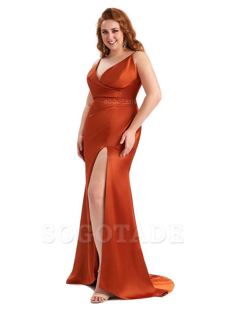 Sexy Side Slit Spaghetti Straps Mermaid Soft Satin Fashion Bridesmaid Dresses