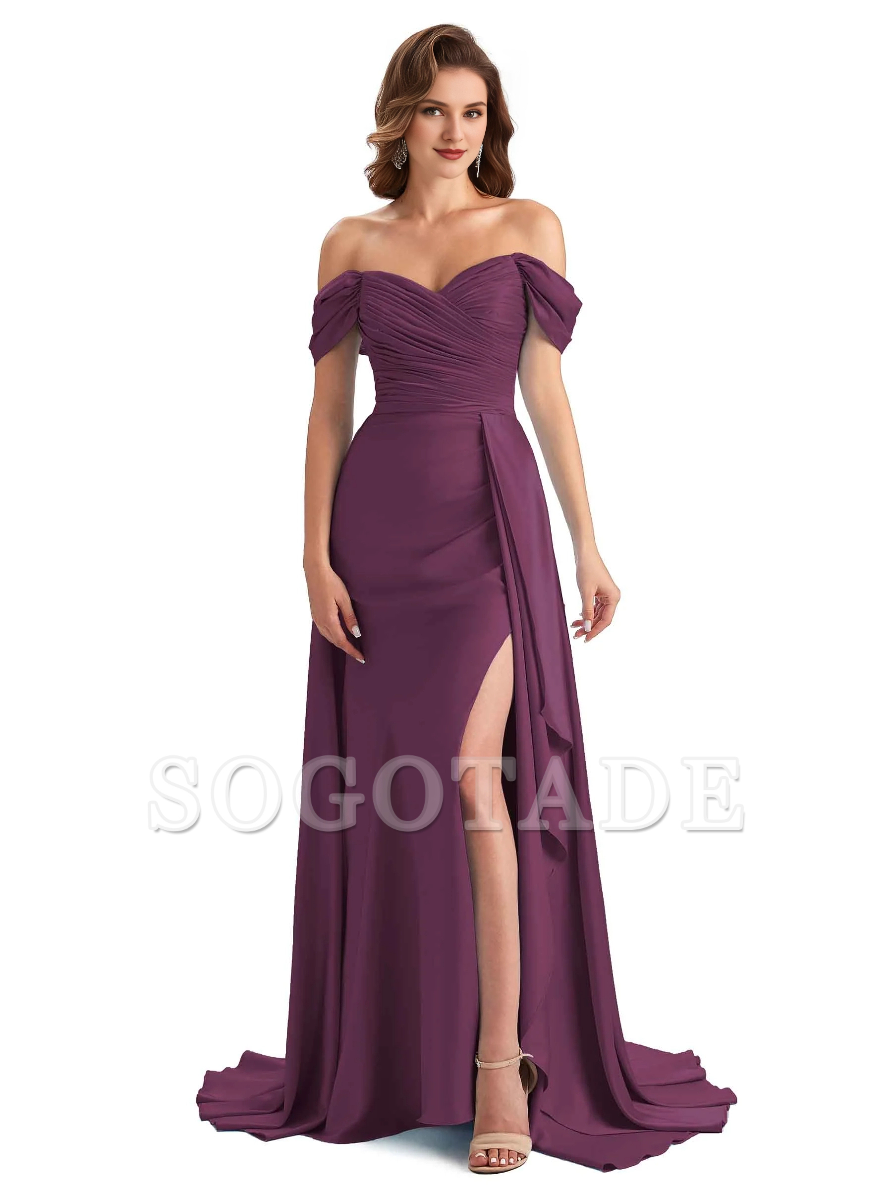 Sexy side slit mermaid soft satin off shoulder long unique bridesmaid dress