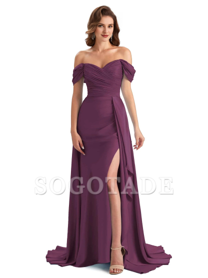 Sexy side slit mermaid soft satin off shoulder long unique bridesmaid dress