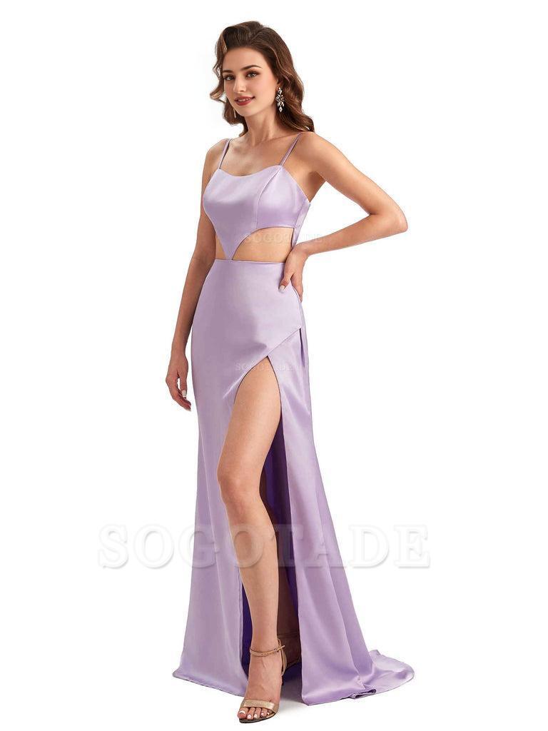 Sexy Satin Side Slit Spaghetti Straps Mermaid Long Unique Curve Wedding Guest Dresses