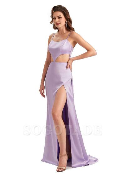Sexy Satin Side Slit Spaghetti Straps Mermaid Long Unique Curve Wedding Guest Dresses