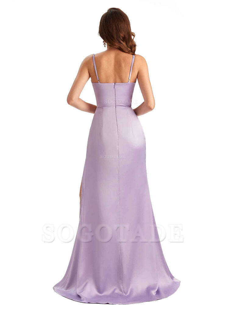Sexy Satin Side Slit Spaghetti Straps Mermaid Long Unique Curve Wedding Guest Dresses