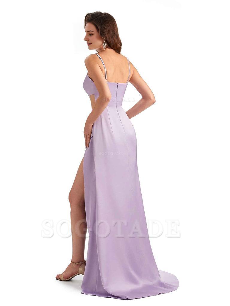 Sexy Satin Side Slit Spaghetti Straps Mermaid Long Unique Curve Wedding Guest Dresses