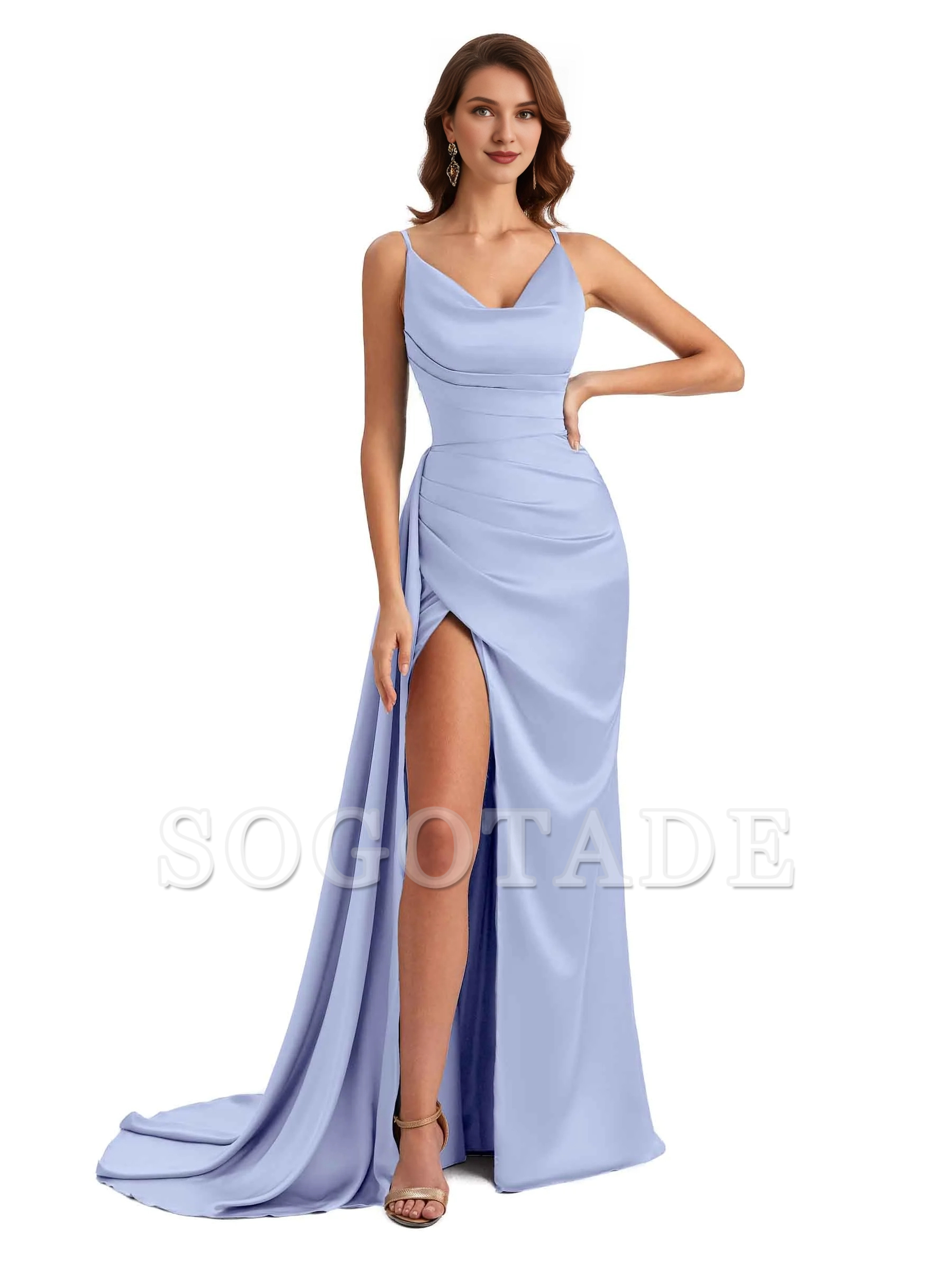 Sexy fishtail side slit hanging neck V-neck soft satin ultra long bridesmaid dress
