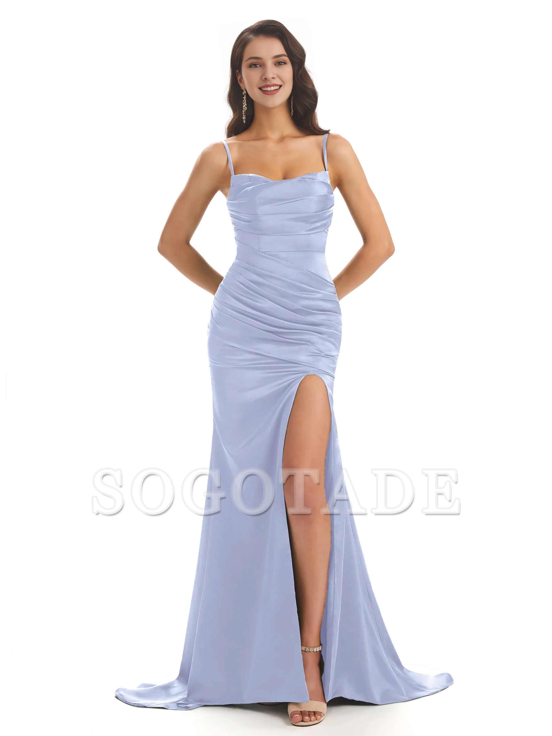Sexy mermaid soft satin thin shoulder strap side slit bridesmaid dress