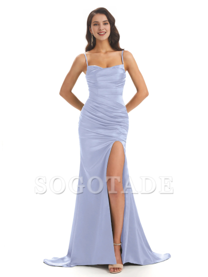 Sexy mermaid soft satin thin shoulder strap side slit bridesmaid dress