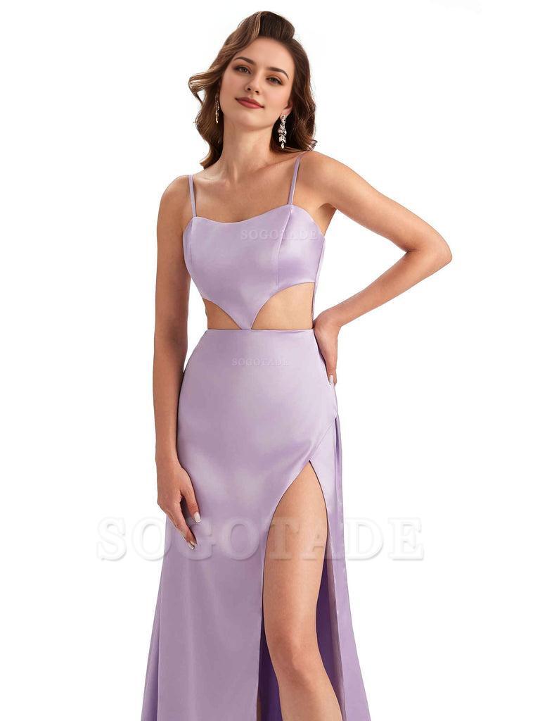 Sexy Satin Side Slit Spaghetti Straps Mermaid Long Unique Curve Wedding Guest Dresses