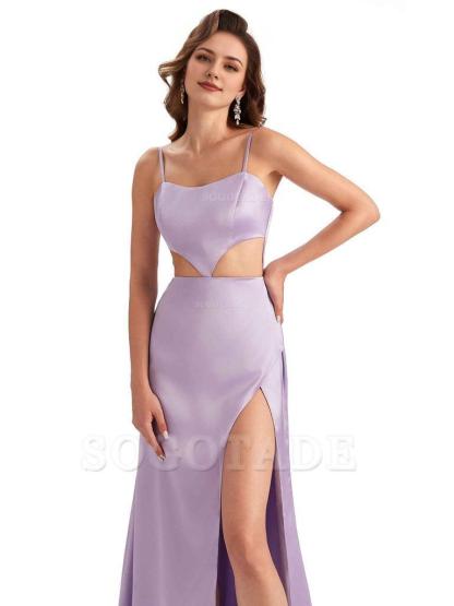 Sexy Satin Side Slit Spaghetti Straps Mermaid Long Unique Curve Wedding Guest Dresses