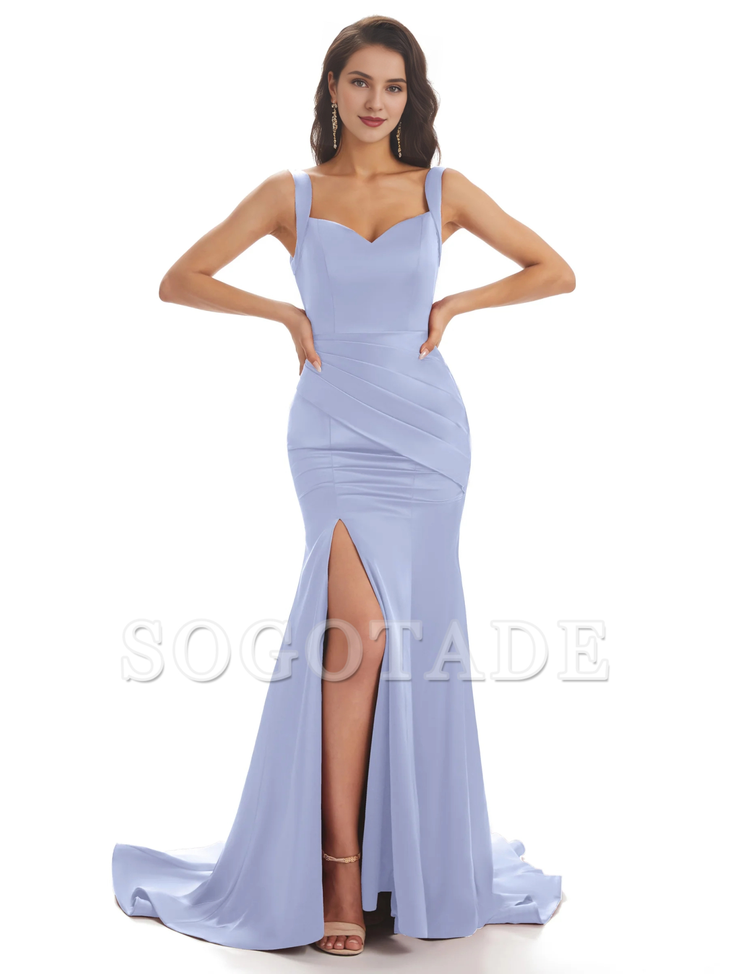 Sexy and soft satin side slit shoulder strap square and floor length fishtail bridesmaid dress