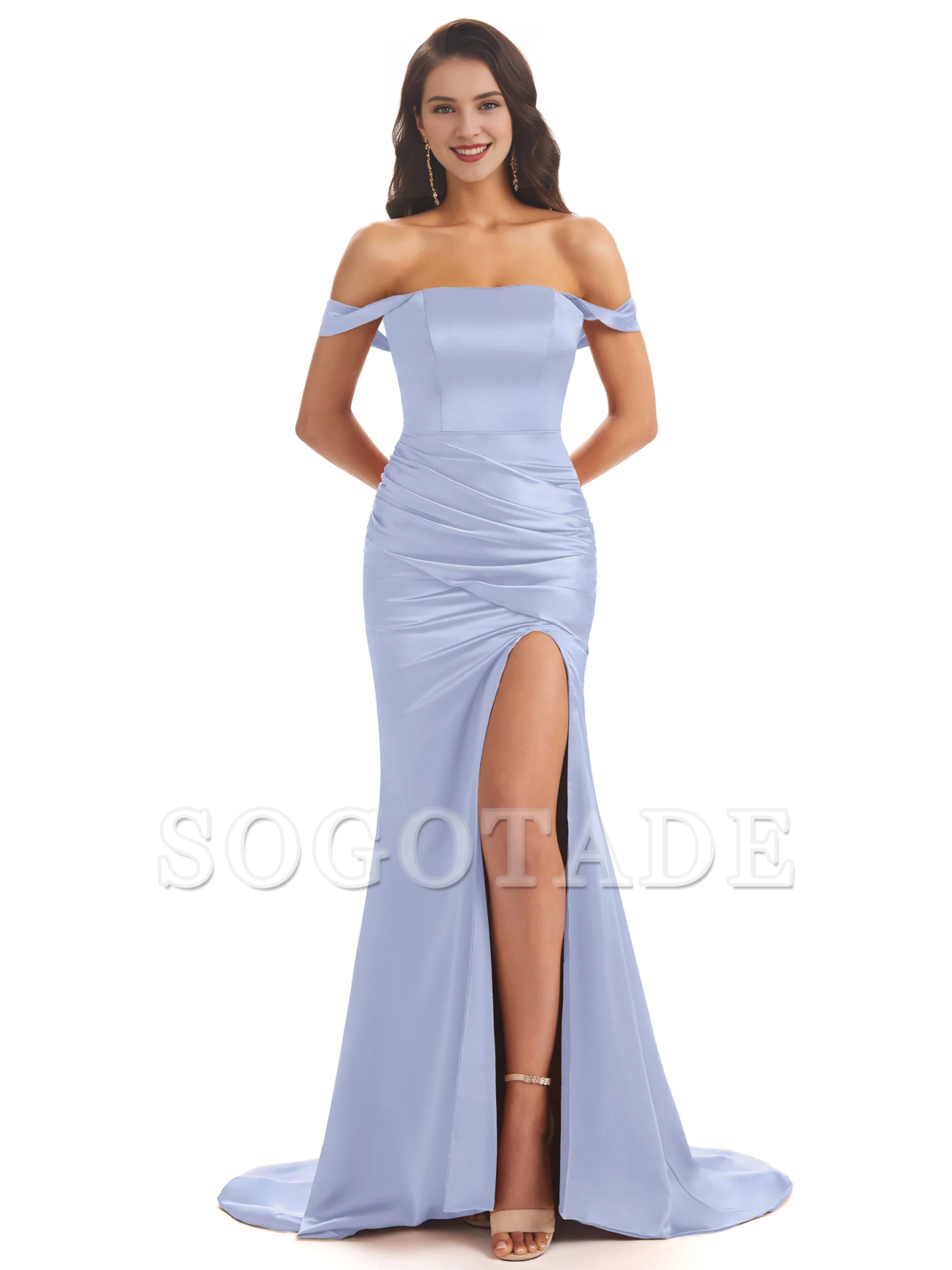 Sexy soft satin off shoulder side slit and floor length fishtail bridesmaid dress