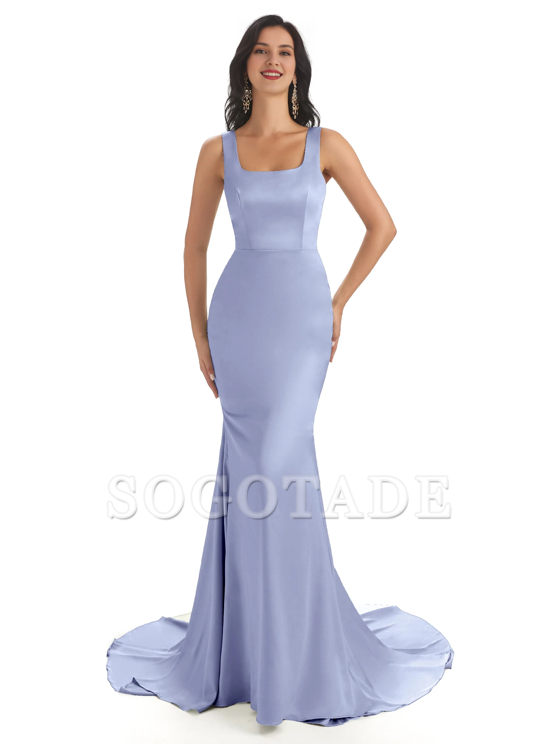 Soft satin unique square neck extra long fish tail bridesmaid dress