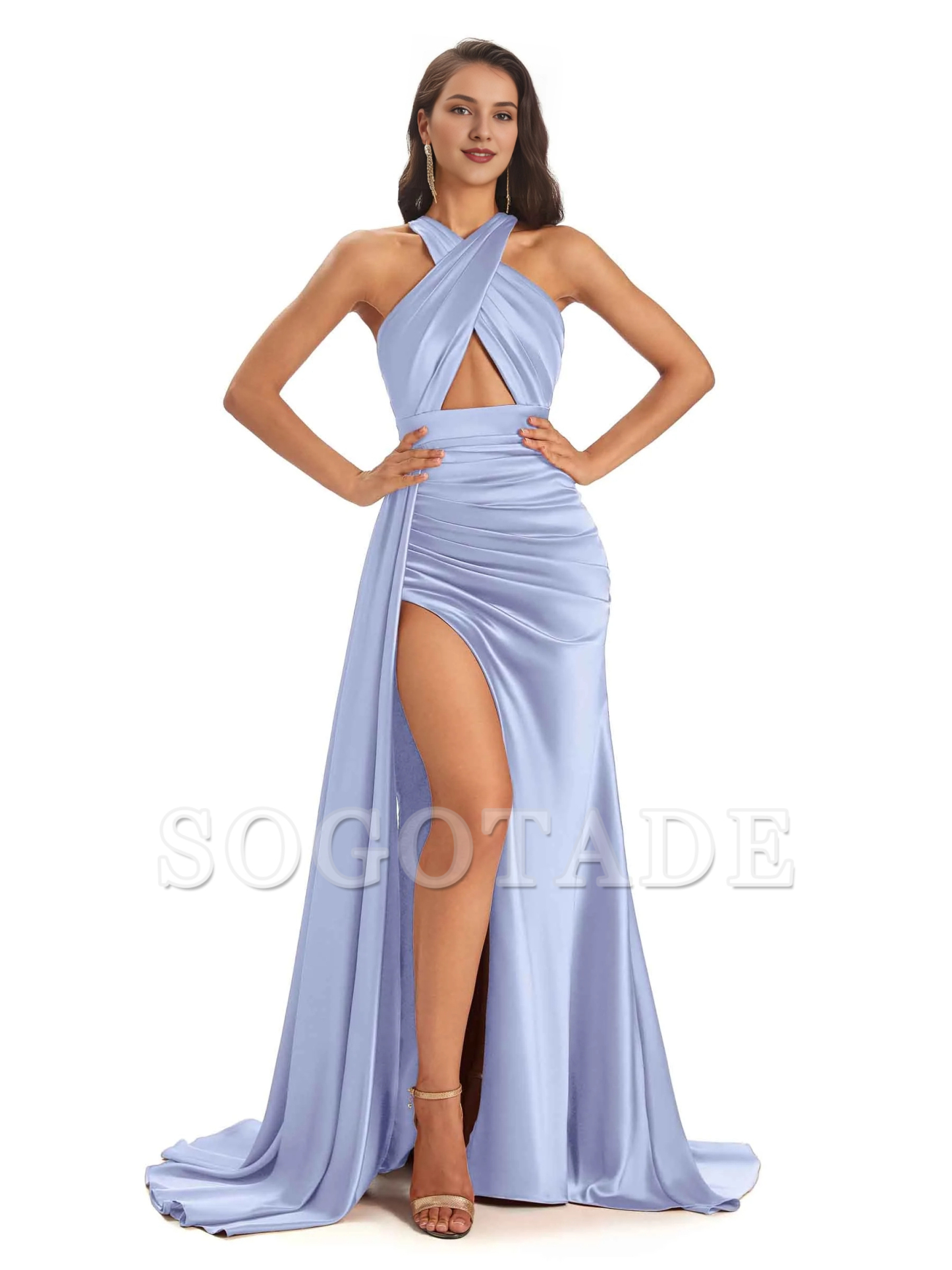 Sexy and soft satin hanging neck side slit and floor length fish tail bridesmaid dress