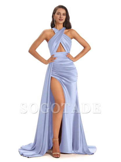 Sexy and soft satin hanging neck side slit and floor length fish tail bridesmaid dress