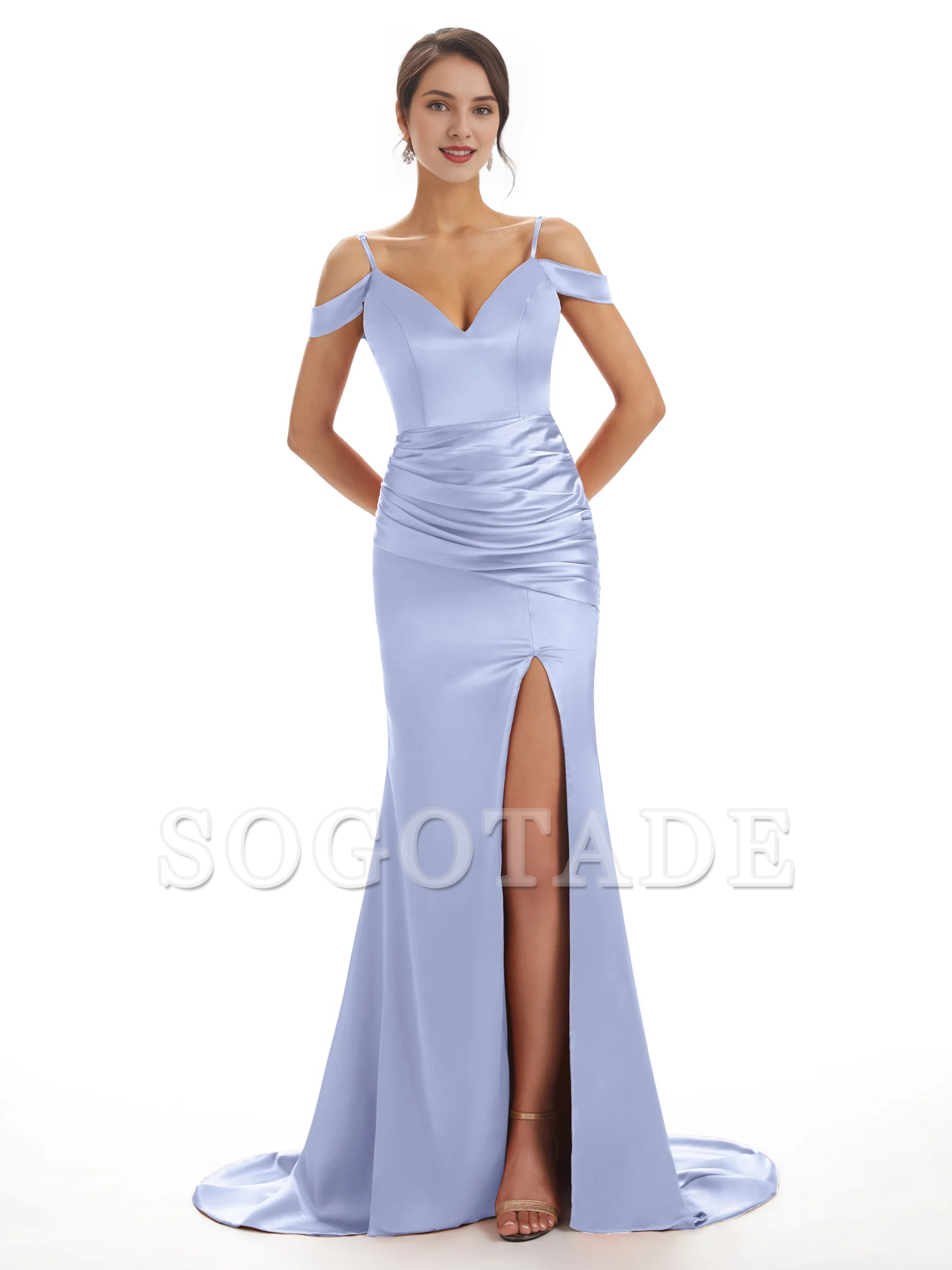 Sexy off shoulder soft satin side slit long fish tail bridesmaid dress