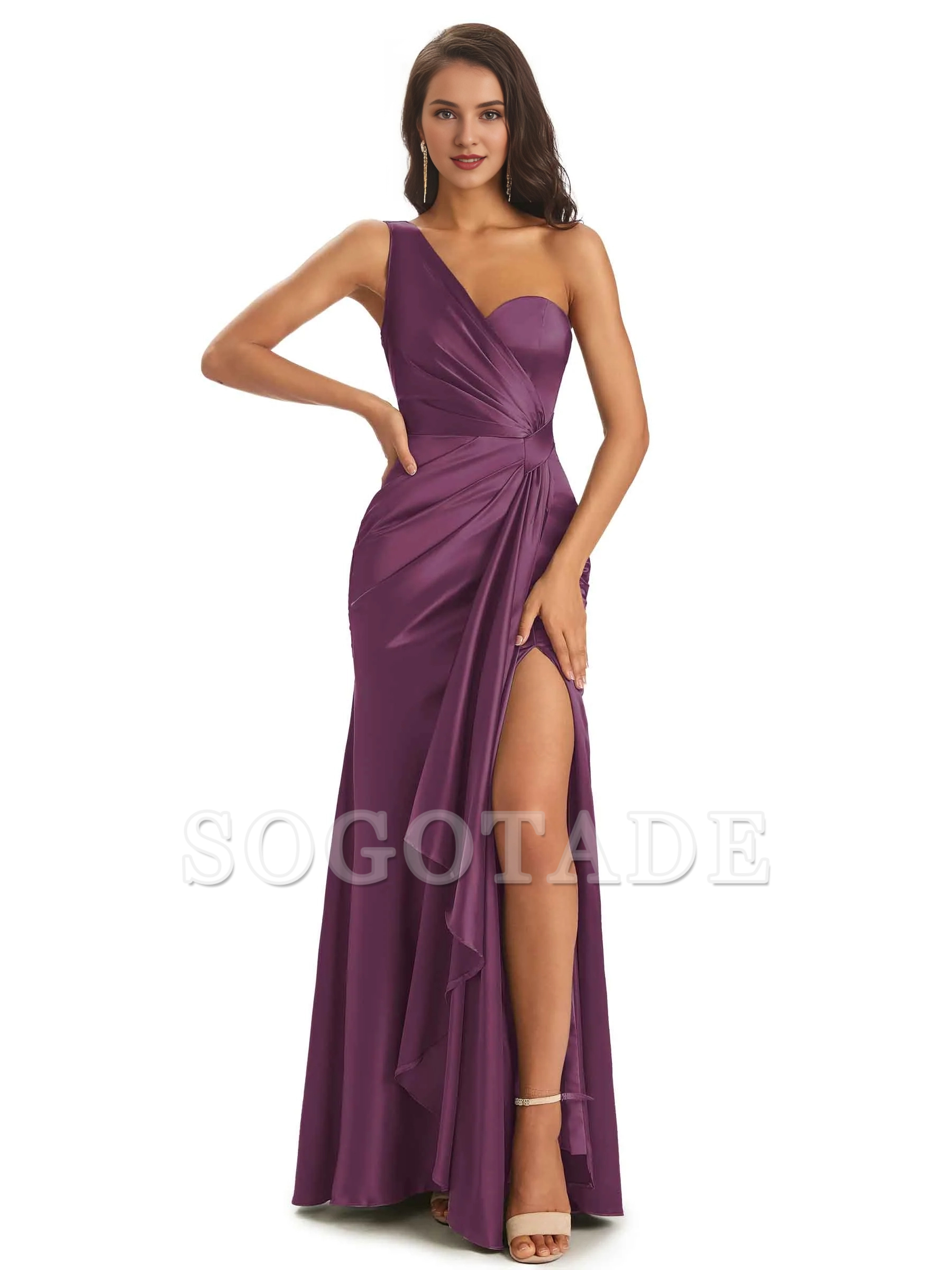Elegant and soft satin side slit one shoulder unique fish tail bridesmaid dress