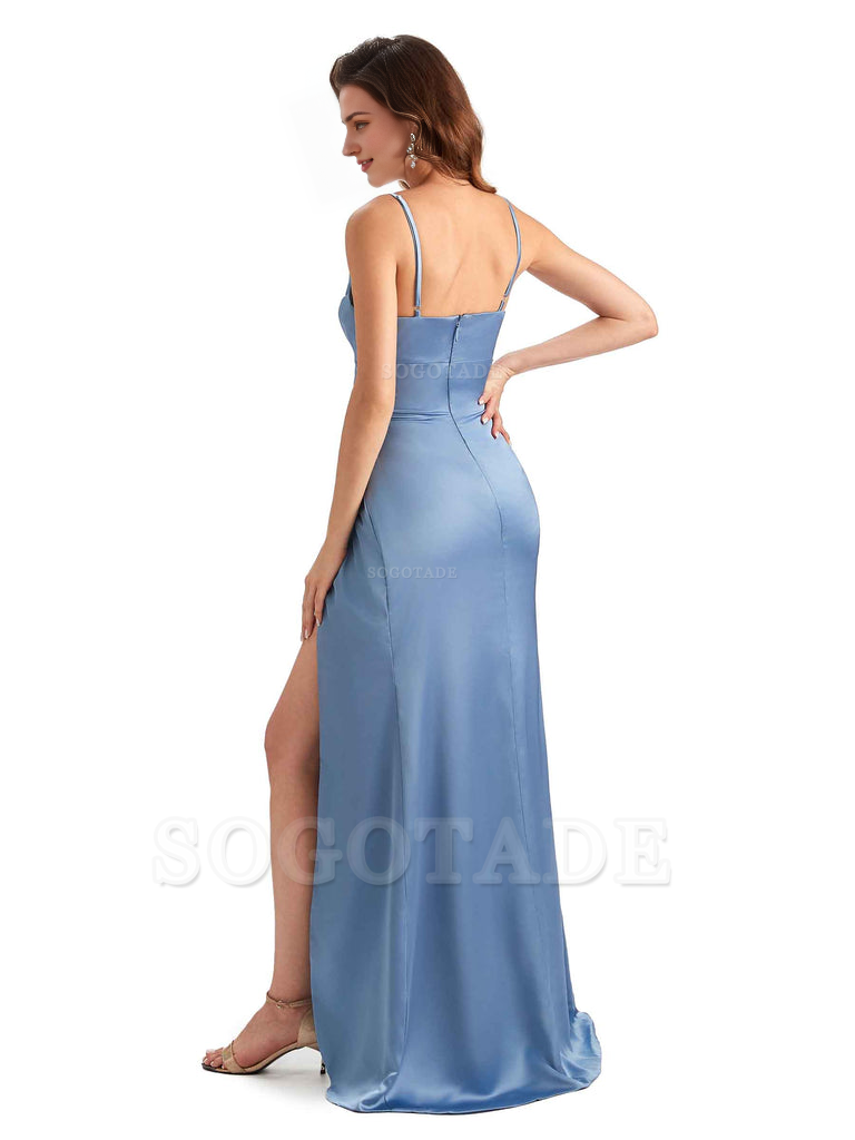 Soft Satin Side Slit Spaghetti Straps Sexy Wedding Bridesmaid Dresses