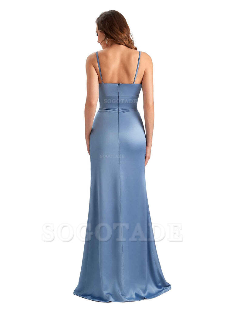 Soft Satin Side Slit Spaghetti Straps Sexy Wedding Bridesmaid Dresses