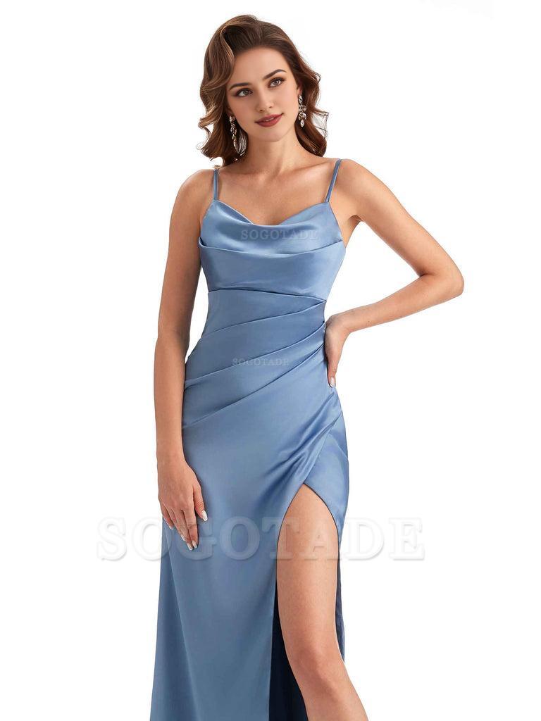 Soft Satin Side Slit Spaghetti Straps Sexy Wedding Bridesmaid Dresses