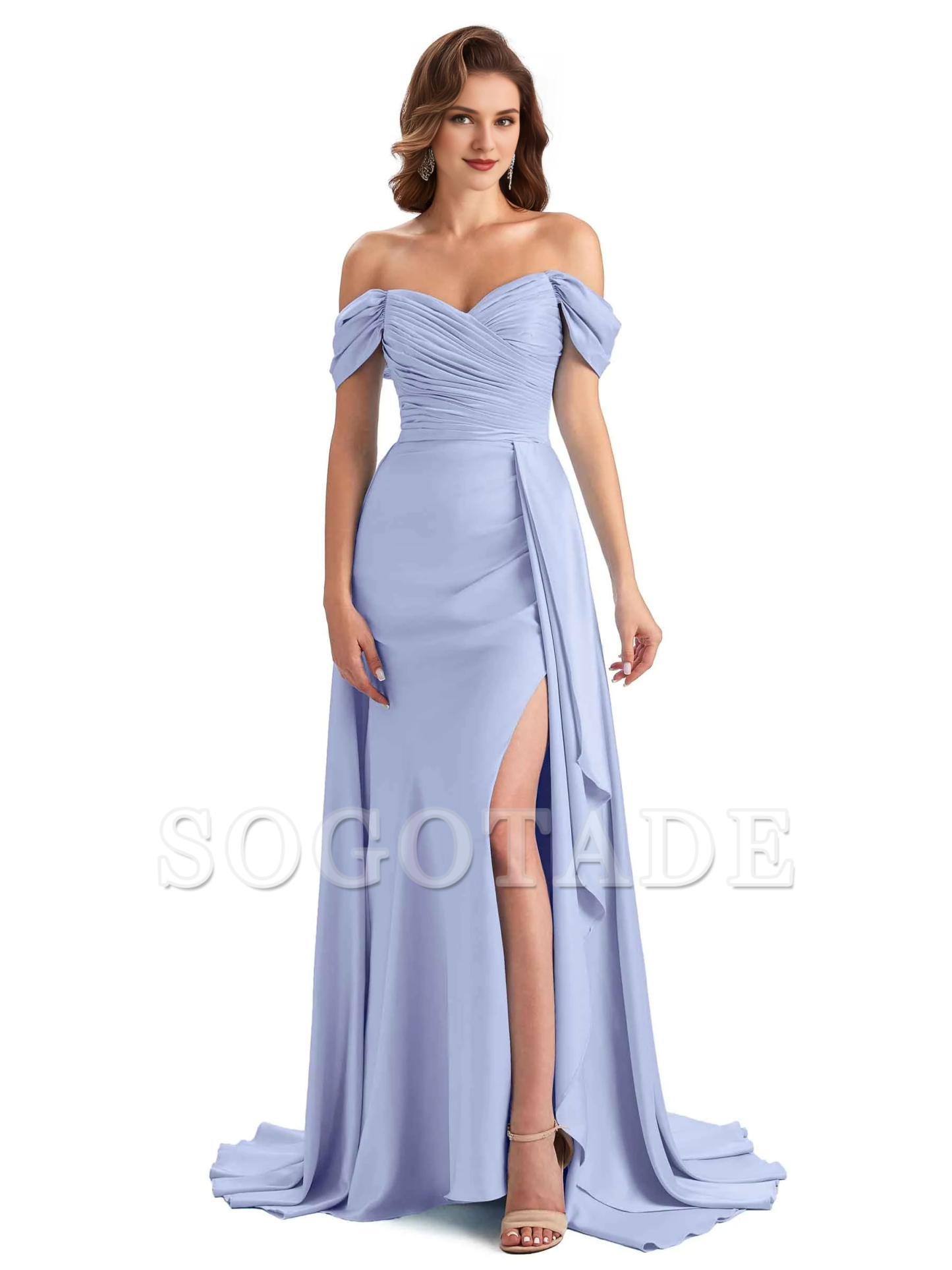 Sexy side slit mermaid soft satin off shoulder long unique bridesmaid dress