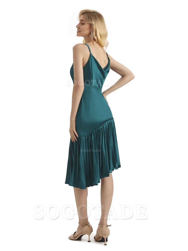Unique Soft Satin Spaghetti Straps Short Midi Asymmetrical Bridesmaid Dresses Online