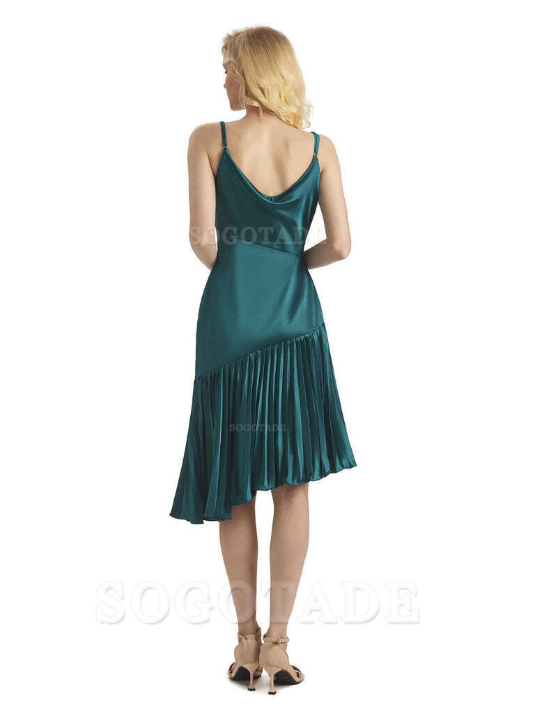 Unique Soft Satin Spaghetti Straps Short Midi Asymmetrical Bridesmaid Dresses Online