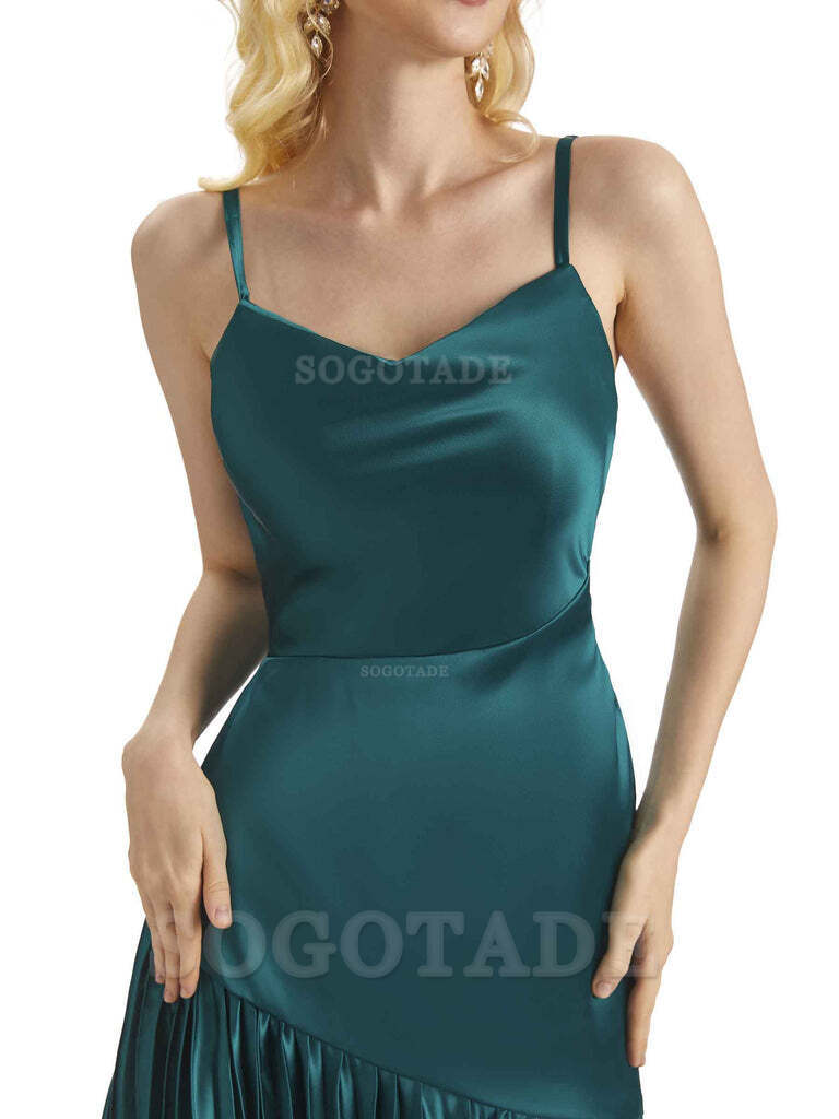 Unique Soft Satin Spaghetti Straps Short Midi Asymmetrical Bridesmaid Dresses Online