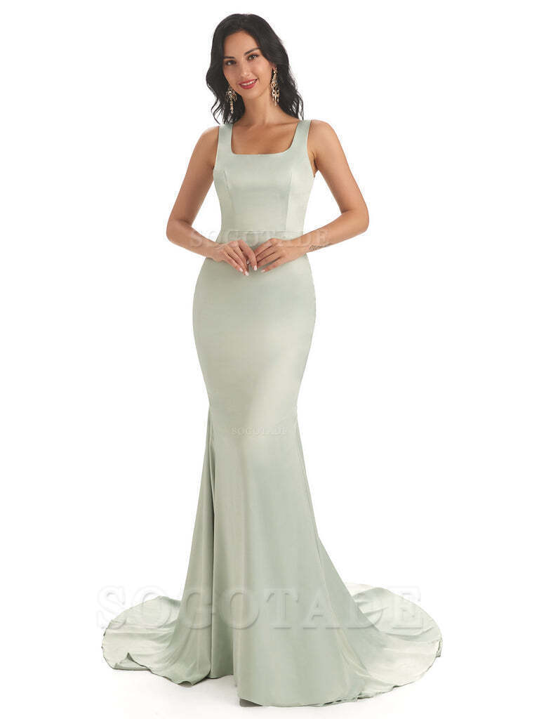 Soft Satin Unique Square Neckline Maxi Long Mermaid Bridesmaid Dresses