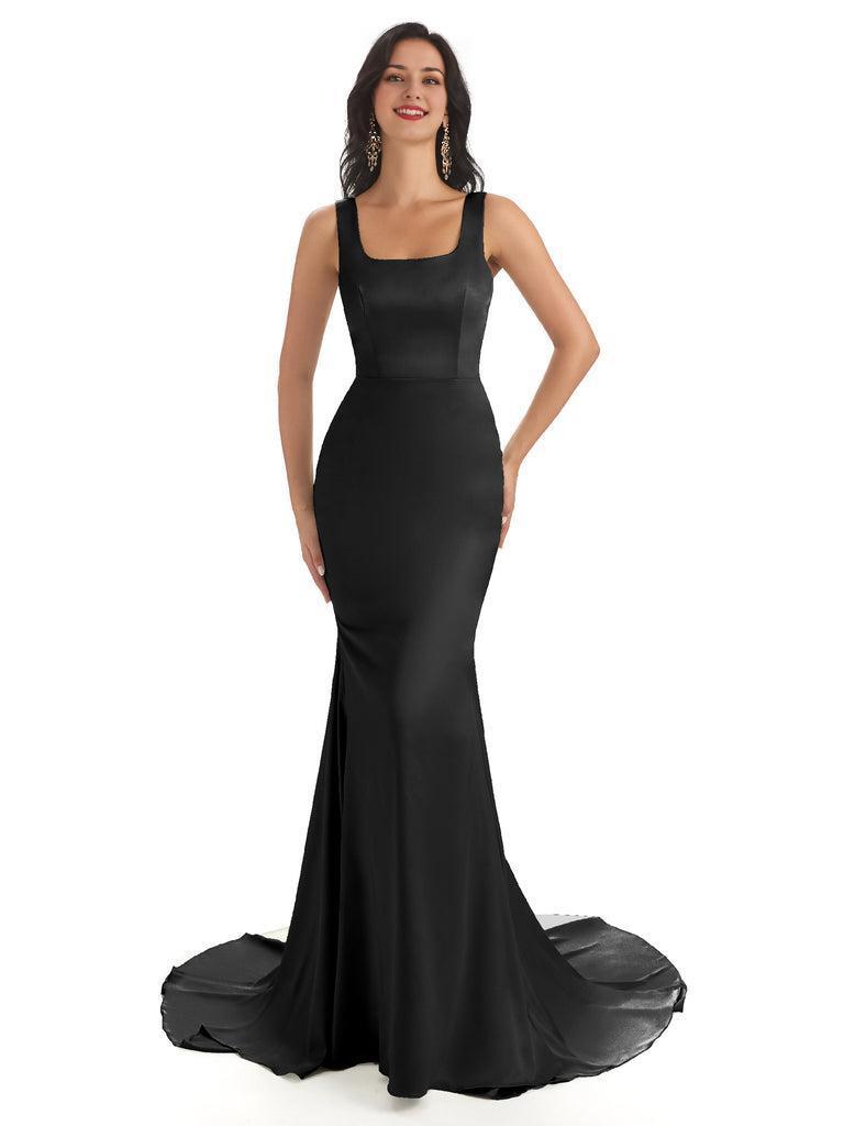 Soft Satin Unique Square Neckline Maxi Long Mermaid Bridesmaid Dresses