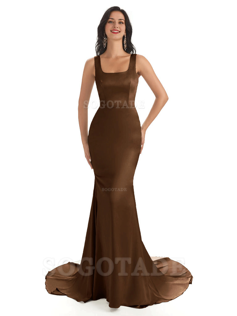 Soft Satin Unique Square Neckline Maxi Long Mermaid Bridesmaid Dresses