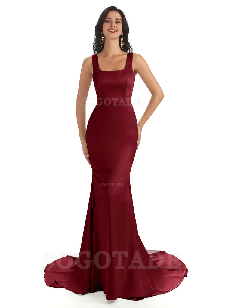 Soft Satin Unique Square Neckline Maxi Long Mermaid Bridesmaid Dresses