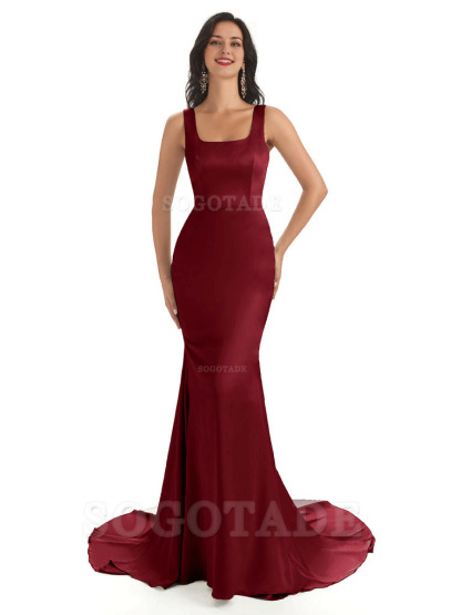 Soft Satin Unique Square Neckline Maxi Long Mermaid Bridesmaid Dresses