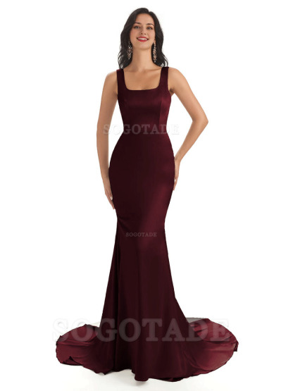 Soft Satin Unique Square Neckline Maxi Long Mermaid Bridesmaid Dresses